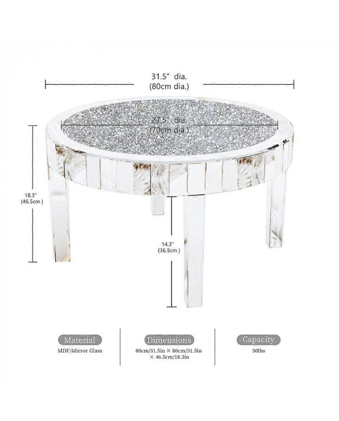 Grande table basse ronde moderne en miroir biseauté Bling Crushed Diamond End Table