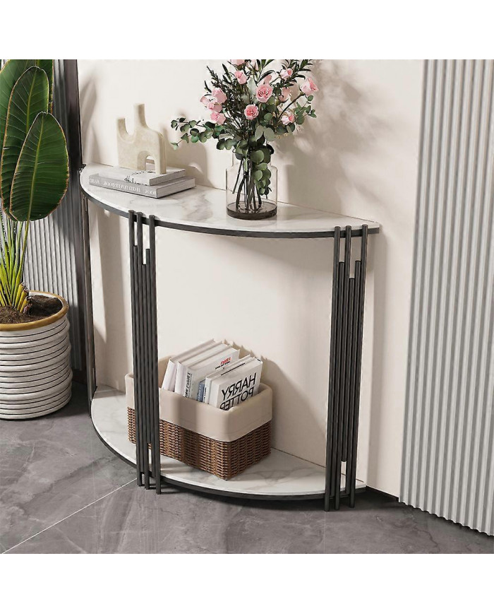 Table console ronde Demi-Lune moderne Double Couche Étagère en marbre