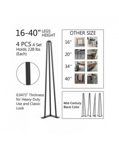 Pieds de table en épingle à cheveux 16 pouces, ensemble de 4 pieds de table de bureau bricolage 3 tiges robustes