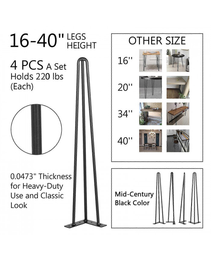Pieds de table en épingle à cheveux 16 pouces, ensemble de 4 pieds de table de bureau bricolage 3 tiges robustes