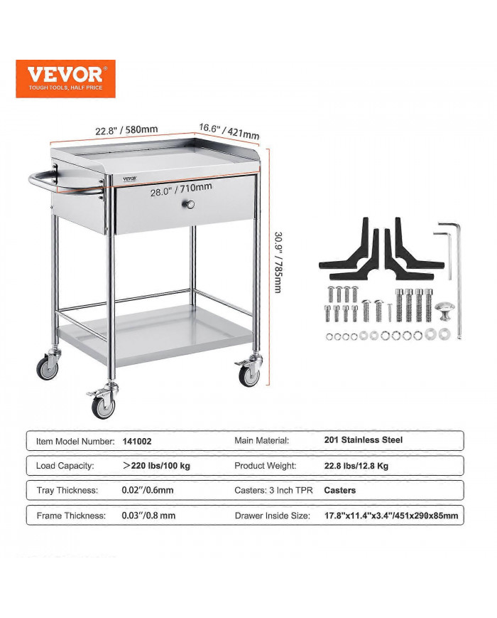 VEVORCart médical, 2 couchesChariot en acier inoxydable220 lbs, pour laboratoire, clinique, cuisine, salon