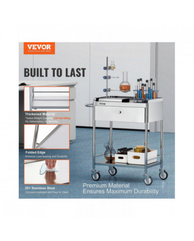 VEVORCart médical, 2 couchesChariot en acier inoxydable220 lbs, pour laboratoire, clinique, cuisine, salon