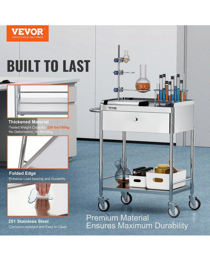 VEVORCart médical, 2 couchesChariot en acier inoxydable220 lbs, pour laboratoire, clinique, cuisine, salon