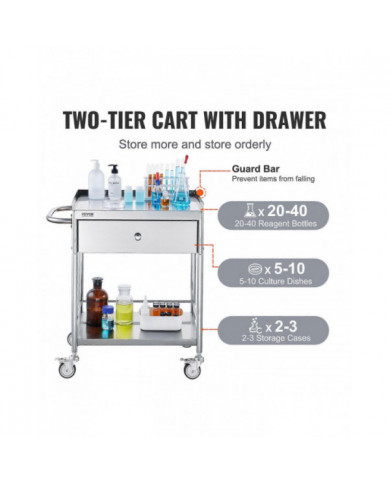 VEVORCart médical, 2 couchesChariot en acier inoxydable220 lbs, pour laboratoire, clinique, cuisine, salon