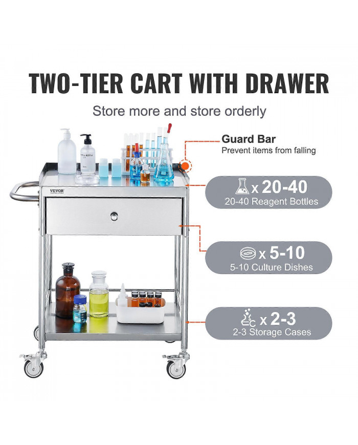 VEVORCart médical, 2 couchesChariot en acier inoxydable220 lbs, pour laboratoire, clinique, cuisine, salon