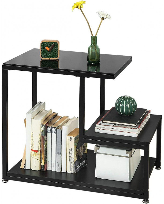 Table à café SoBuy Glass Top Side avec étagère de stockage noir FBT65-SCH