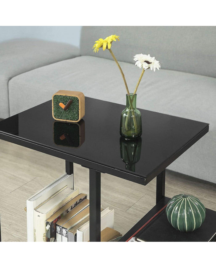 Table à café SoBuy Glass Top Side avec étagère de stockage noir FBT65-SCH