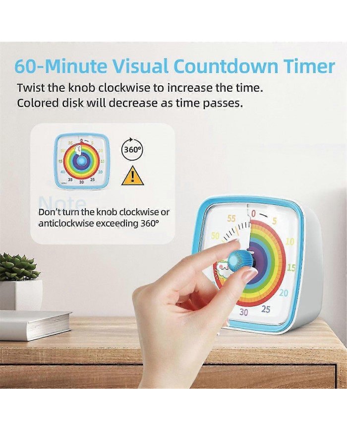 Minuterie visuelle de 60 minutes avec veilleuse, compte à rebours, minuterie Pomodoro avec motif arc-en-ciel pour Ki