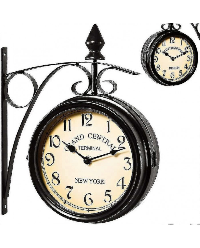 2024 Nouvelle Horloge Murale De Gare À Deux Faces Noir Design Vintage Horloge Montre