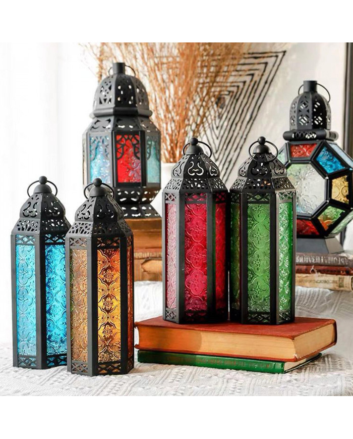 Style village en fer forgé Bougeoir Verre Wind Lanternes Suspendues