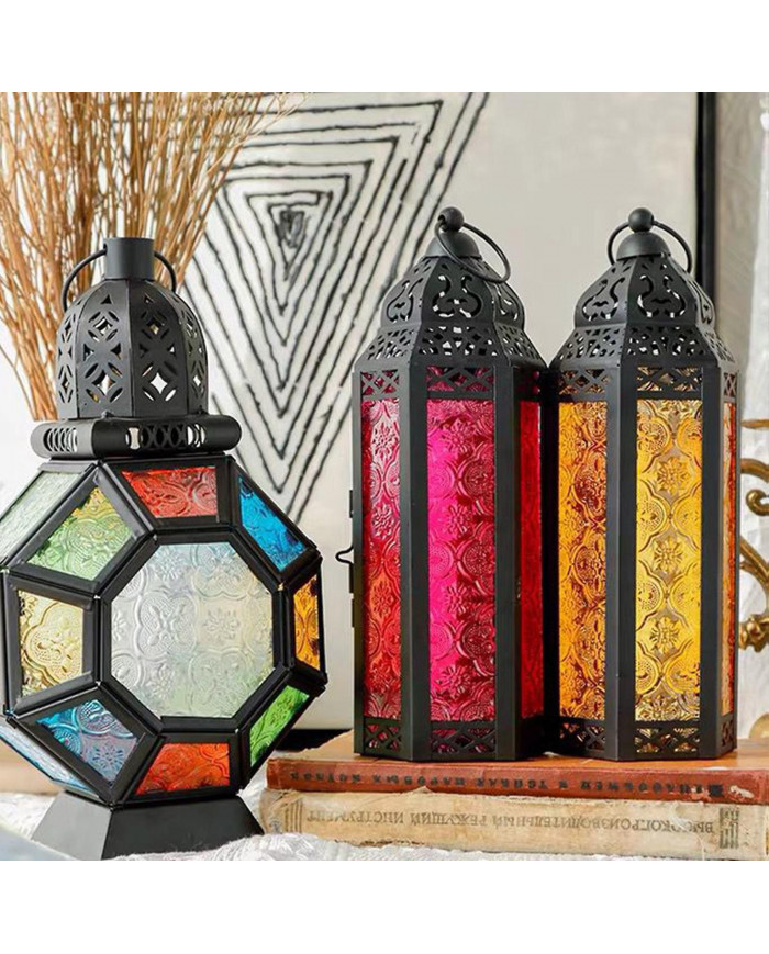 Style village en fer forgé Bougeoir Verre Wind Lanternes Suspendues