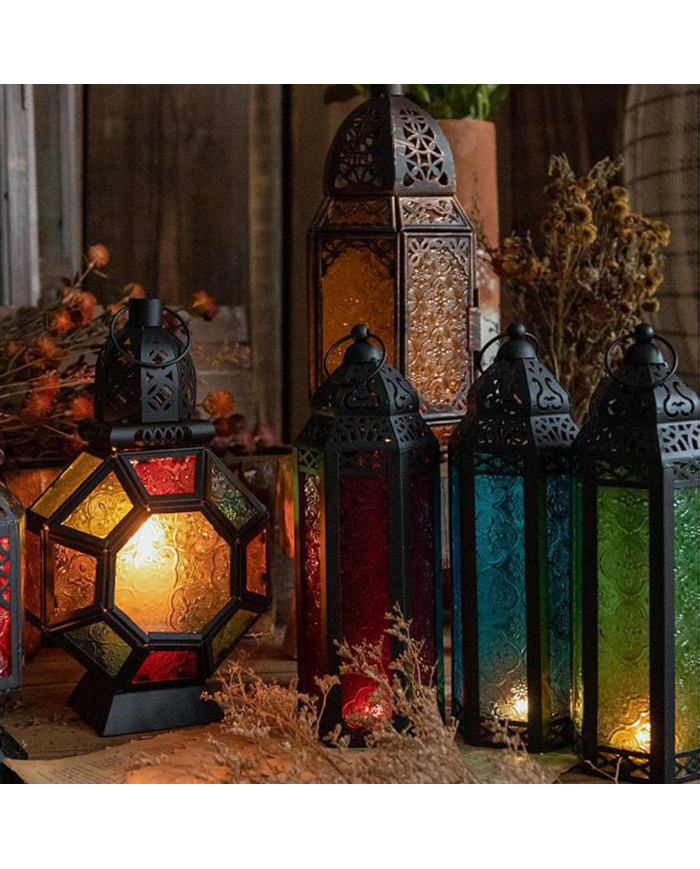 Style village en fer forgé Bougeoir Verre Wind Lanternes Suspendues