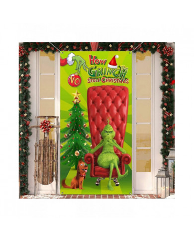 Décorations de couvercle de porte de Noël, Décorations de Noël Grinch Le couvercle de porte Grinch Fond vert Drôle [...]