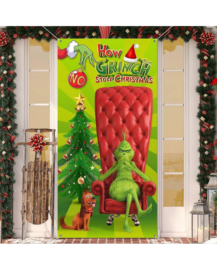 Décorations de couvercle de porte de Noël, Décorations de Noël Grinch Le couvercle de porte Grinch Fond vert Drôle [...]