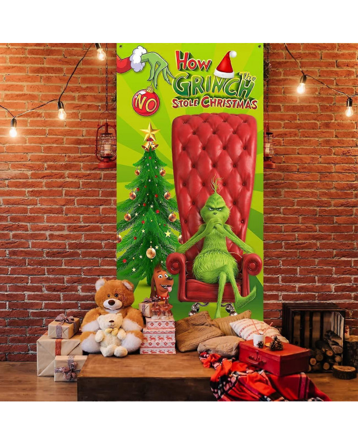 Décorations de couvercle de porte de Noël, Décorations de Noël Grinch Le couvercle de porte Grinch Fond vert Drôle [...]