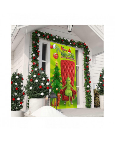 Décorations de couvercle de porte de Noël, Décorations de Noël Grinch Le couvercle de porte Grinch Fond vert Drôle [...]