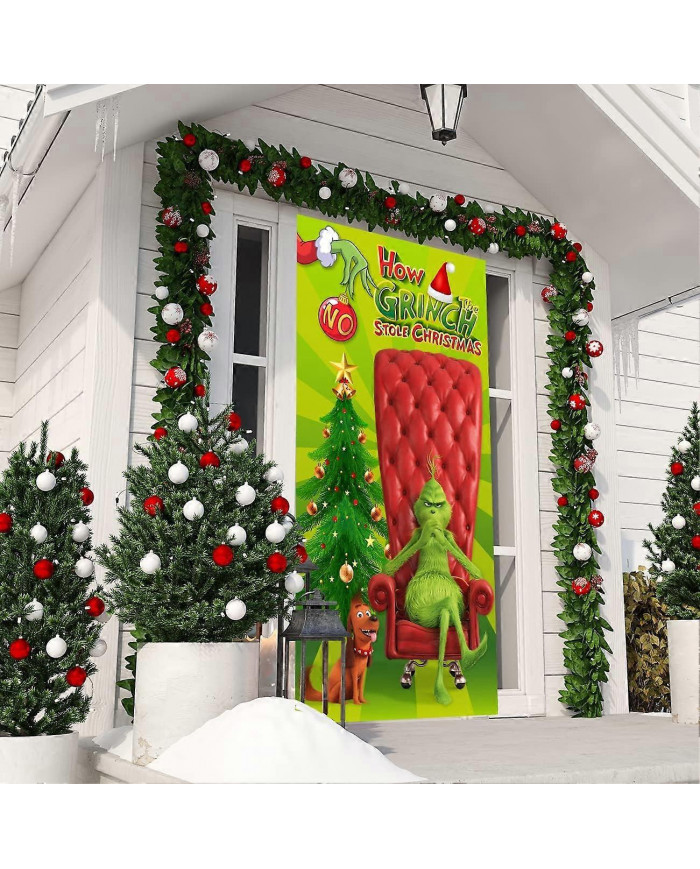 Décorations de couvercle de porte de Noël, Décorations de Noël Grinch Le couvercle de porte Grinch Fond vert Drôle [...]