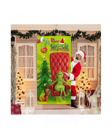 Décorations de couvercle de porte de Noël, Décorations de Noël Grinch Le couvercle de porte Grinch Fond vert Drôle [...]