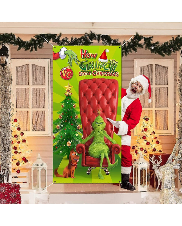 Décorations de couvercle de porte de Noël, Décorations de Noël Grinch Le couvercle de porte Grinch Fond vert Drôle [...]