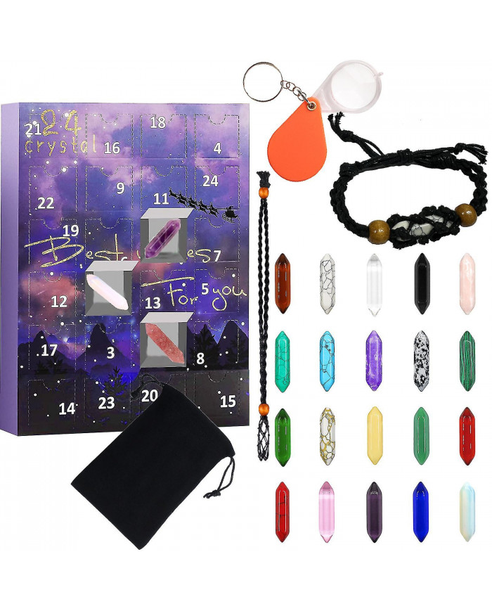 Advent Calendar 2023-24 Days Crystal And Healing Stone Kit With Crystal Necklace And Bracelet Holder