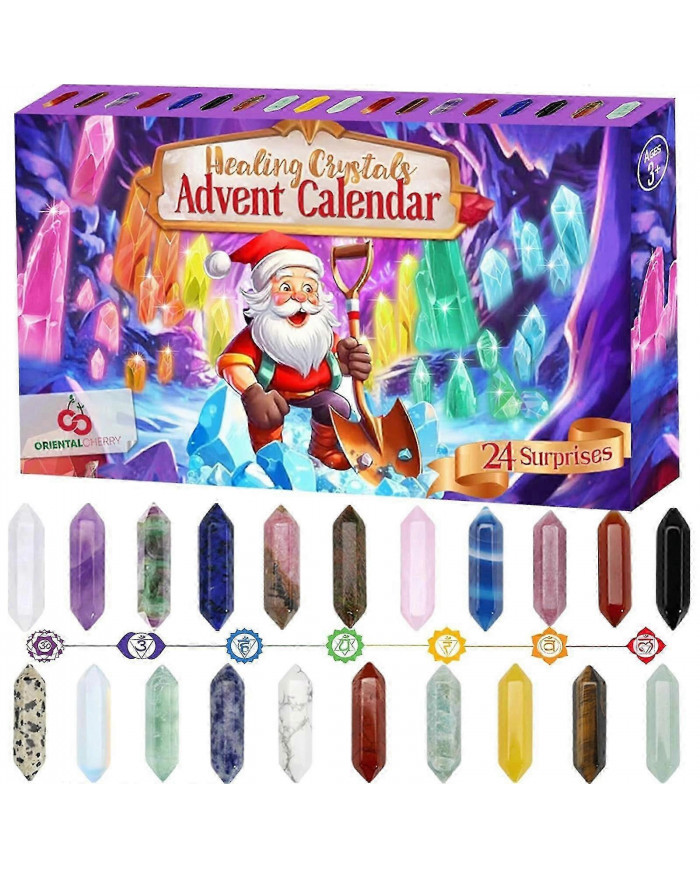 Calendrier de l’Avent 2024 Cadeaux 24 jours Cristaux Pierres Kit avec cristal Collier Porte Loupe Sac de rangement