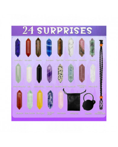 Calendrier de l’Avent 2024 Cadeaux 24 jours Cristaux Pierres Kit avec cristal Collier Porte Loupe Sac de rangement