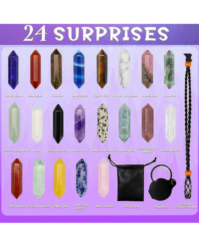 Calendrier de l’Avent 2024 Cadeaux 24 jours Cristaux Pierres Kit avec cristal Collier Porte Loupe Sac de rangement