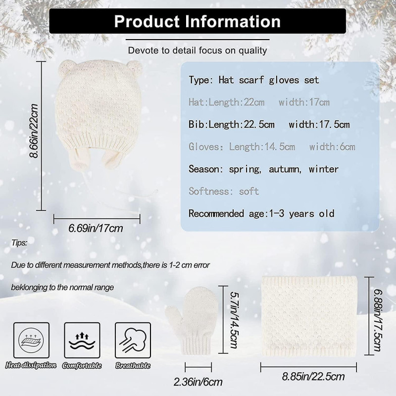Kids Winter Warm Beanie Hats Snood Gloves Set, 3 In 1 Thicken Fleece Thermal Gift
