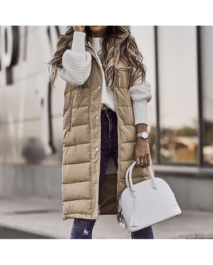 Femme de couleur unie à capuche à poitrine unique mi-longue veste de poche sans manches veste de poche sans manches