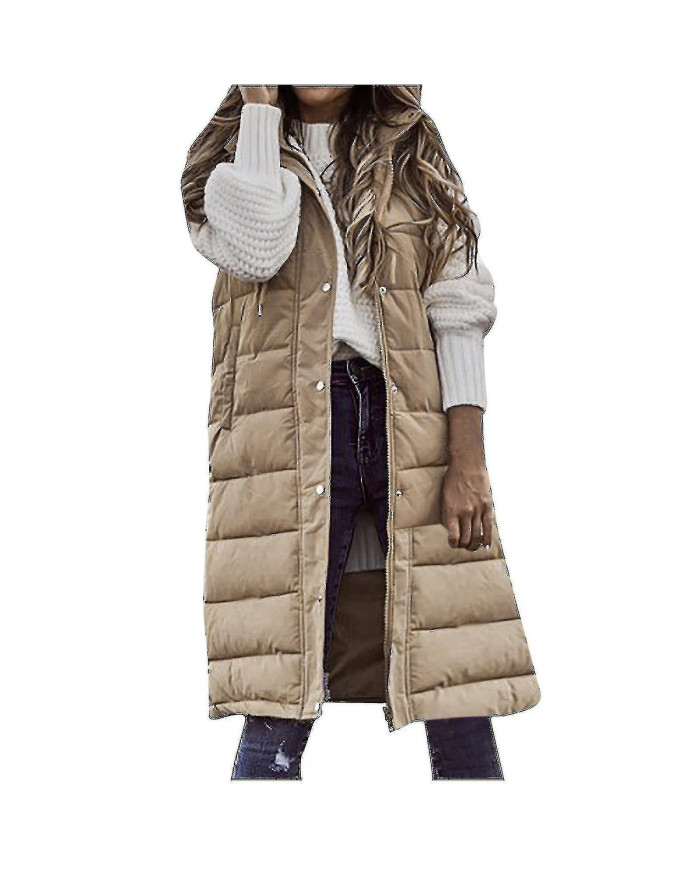 Femme de couleur unie à capuche à poitrine unique mi-longue veste de poche sans manches veste de poche sans manches