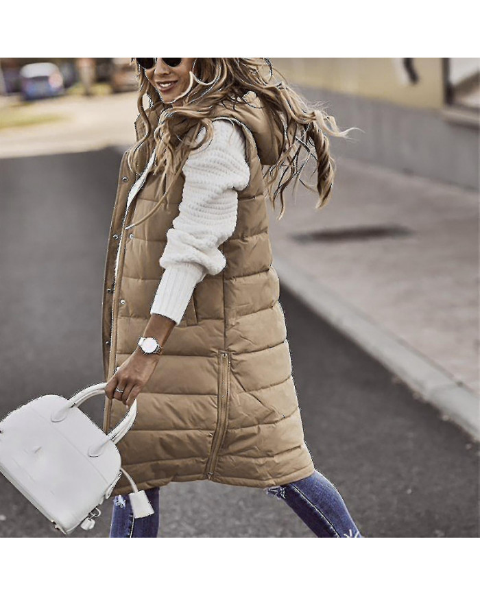 Femme de couleur unie à capuche à poitrine unique mi-longue veste de poche sans manches veste de poche sans manches