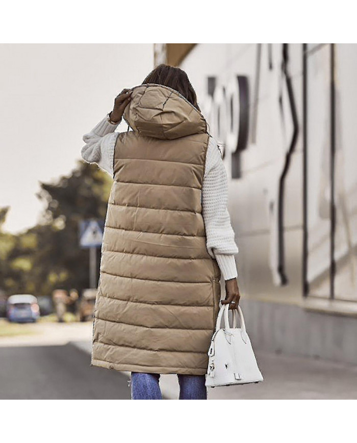 Femme de couleur unie à capuche à poitrine unique mi-longue veste de poche sans manches veste de poche sans manches