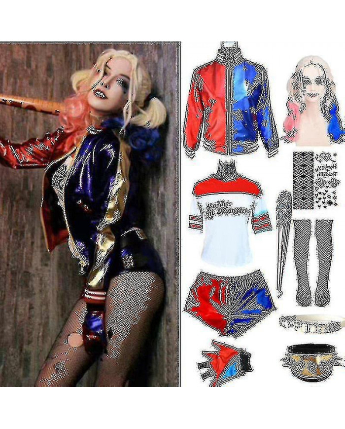 Costumes Harley adultes Quinn Halloween T Shirt Bracer Jacket Ceinture avec perruque Vêtements de fête du Nouvel An