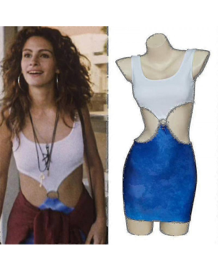 Film Pretty Woman Julia Roberts Cosplay Vivian Ward Sexy Blue Bare Waist Tie-dye Coupure Dress