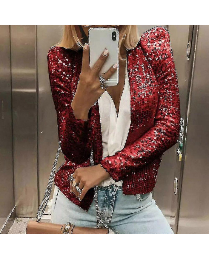 Cardigan Femme Manches Longues Brillant Sequin Manteau Ouvert Front Décontracté Veste Femme