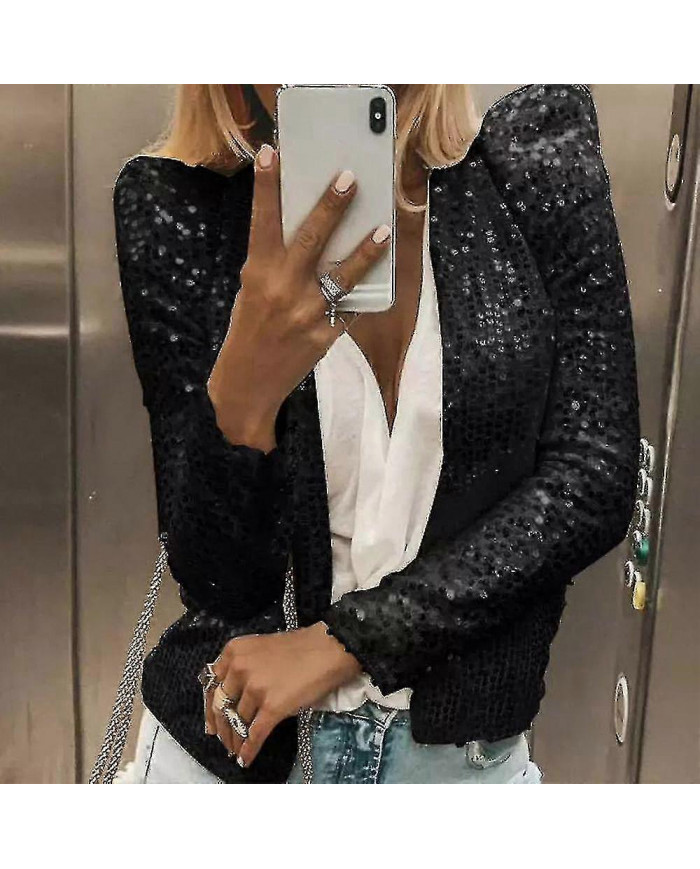 Cardigan Femme Manches Longues Brillant Sequin Manteau Ouvert Front Décontracté Veste Femme