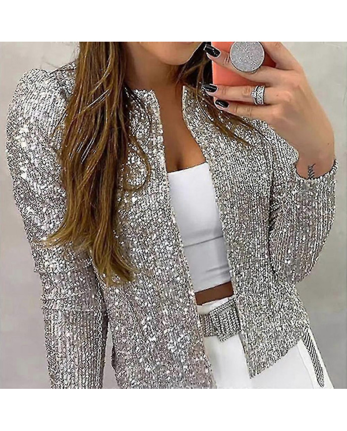 Cardigan Femme Manches Longues Brillant Sequin Manteau Ouvert Front Décontracté Veste Femme
