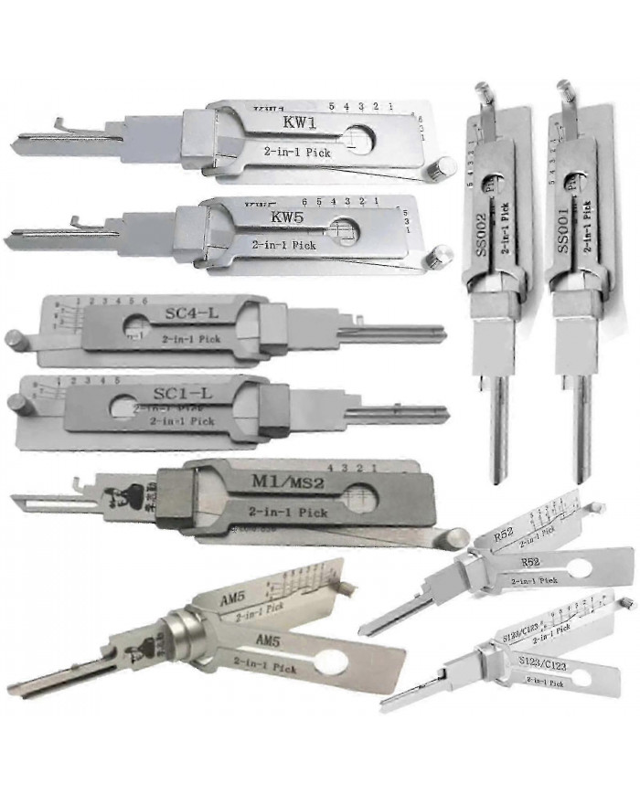 Original 2en1 Lishi Sc1 Sc4 Kw1 Kw5 Am5 M1/ms2 Ss001 Nsn14 Cy24V.2 Fo38 Gm37GM39