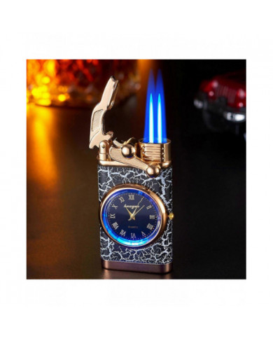Double feu commutant briquet avec montre à quartz en métal gonflable coupe-vent bleu flamme briquet cadeau de mode