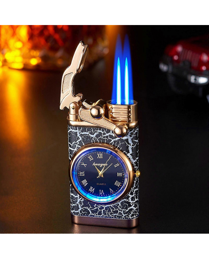 Double feu commutant briquet avec montre à quartz en métal gonflable coupe-vent bleu flamme briquet cadeau de mode