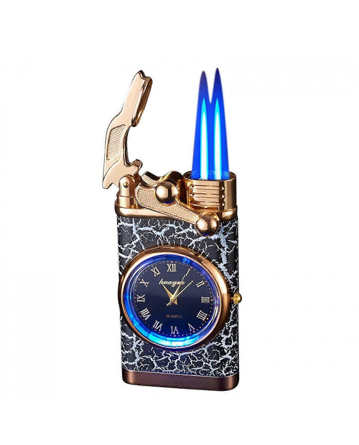 Double feu commutant briquet avec montre à quartz en métal gonflable coupe-vent bleu flamme briquet cadeau de mode