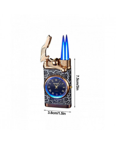 Double feu commutant briquet avec montre à quartz en métal gonflable coupe-vent bleu flamme briquet cadeau de mode