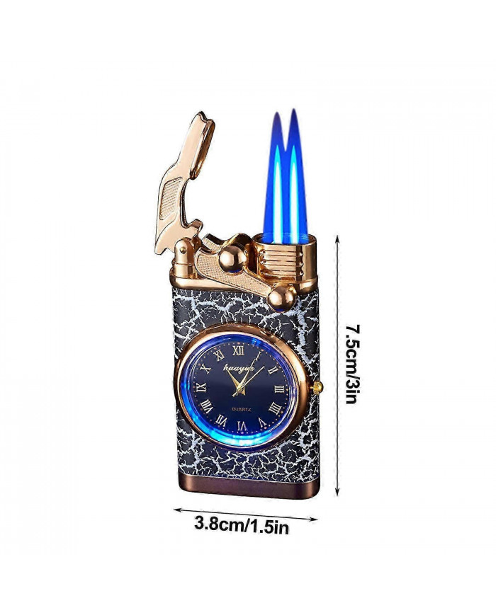 Double feu commutant briquet avec montre à quartz en métal gonflable coupe-vent bleu flamme briquet cadeau de mode