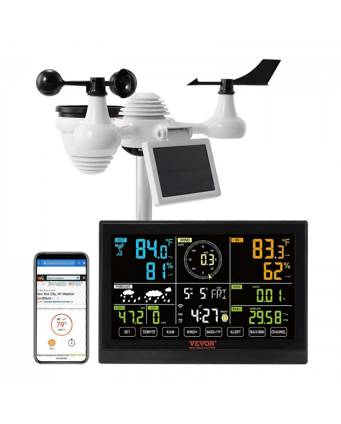 Station météo Wi-Fi 7-en-1, 7,5 pouces avec capteur extérieur sans fil solaire Alertes d’alarme, pour la [...]