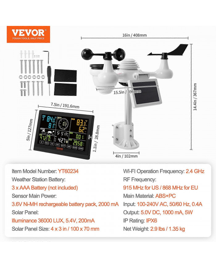 Station météo Wi-Fi 7-en-1, 7,5 pouces avec capteur extérieur sans fil solaire Alertes d’alarme, pour la [...]