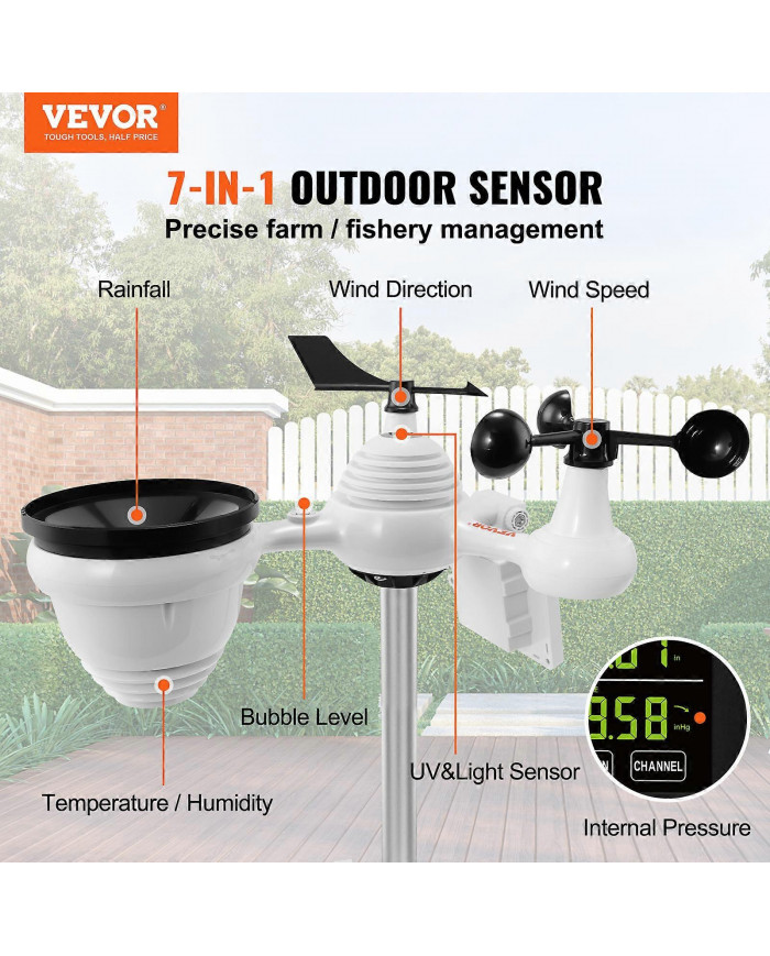 Station météo Wi-Fi 7-en-1, 7,5 pouces avec capteur extérieur sans fil solaire Alertes d’alarme, pour la [...]