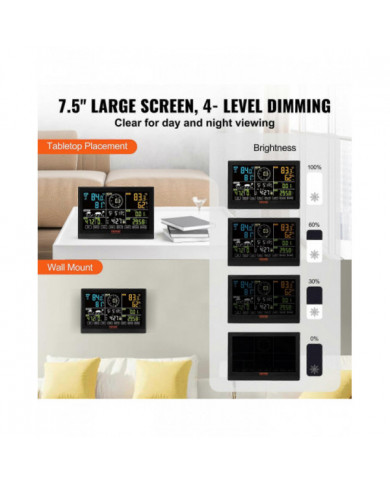 Station météo Wi-Fi 7-en-1, 7,5 pouces avec capteur extérieur sans fil solaire Alertes d’alarme, pour la [...]