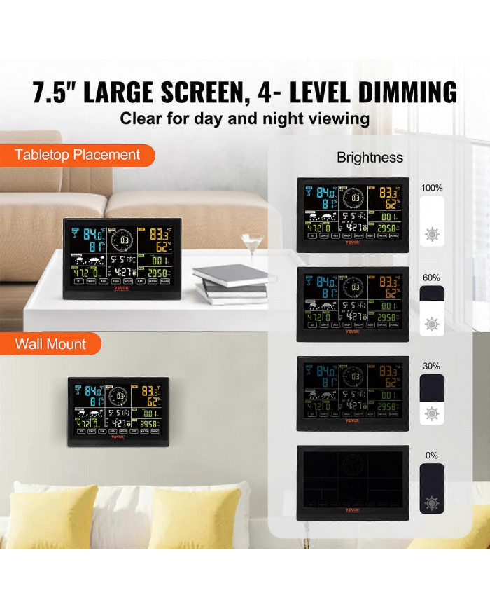 Station météo Wi-Fi 7-en-1, 7,5 pouces avec capteur extérieur sans fil solaire Alertes d’alarme, pour la [...]