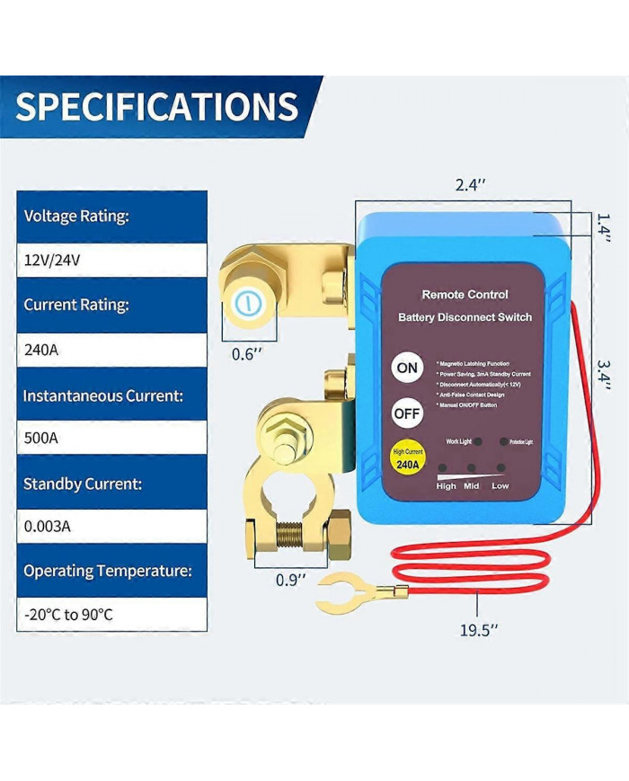 Interrupteur de déconnexion de batterie à distance 12V 240A, interrupteur de mise hors tension automatique Voiture [...]