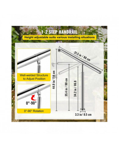 Rampe d’escalier extérieure Pas de main courante Rail en acier inoxydable 2 Étape 80x90cm Mur